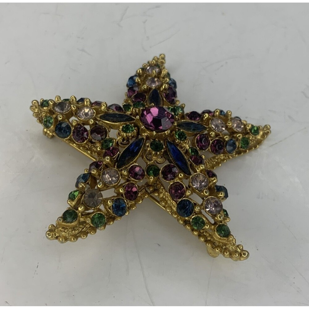 Vintage FLORENZA Gold-tone Starfish Brooch Pin Multicolor Amethyst Rhinestones
